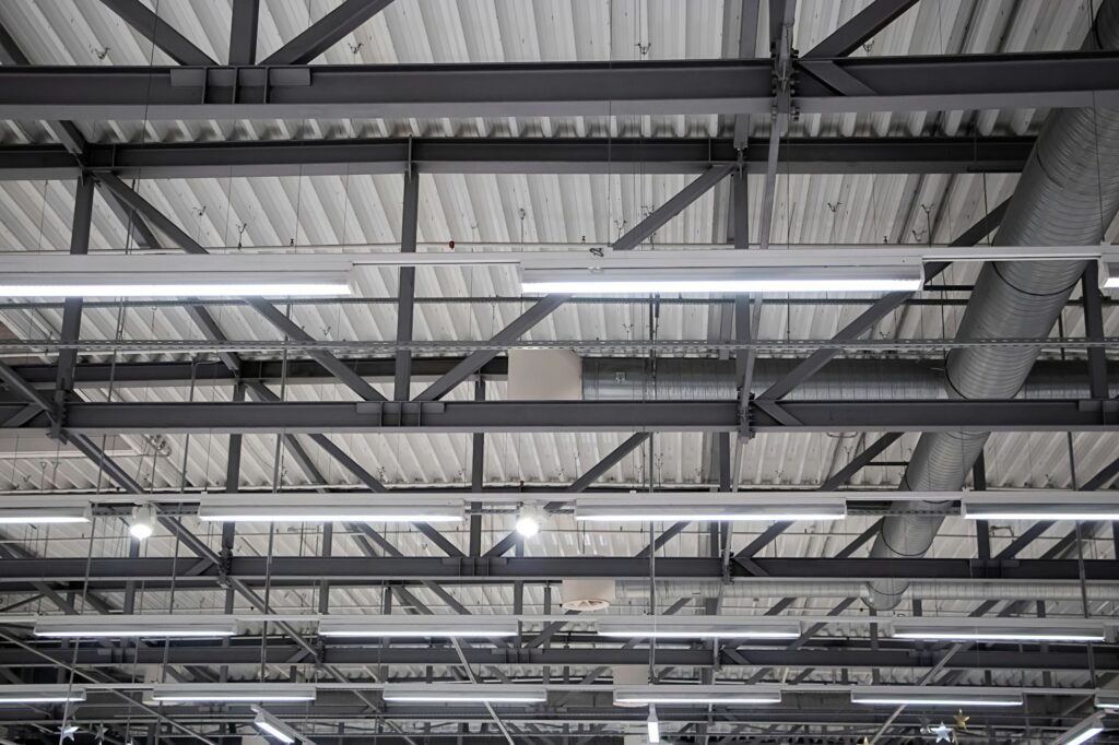 Metal structures on the ceiling in a factory