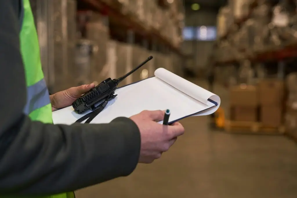 Close up of unrecognizable worker holding clipboard in warehouse